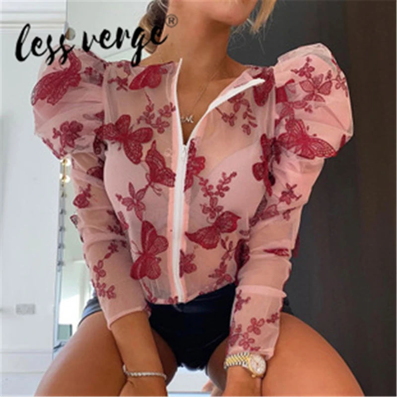 Женская футболка с вышивкой бабочки Lessverge шифоновая длинным рукавом тонкий