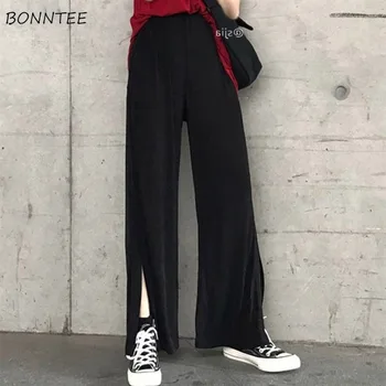

Pants Women Summer Mopping Black Loose Trousers Ulzzang Elastic Waist Female Drape Side-slit Full Casual Pant Thin 4XL New Chic