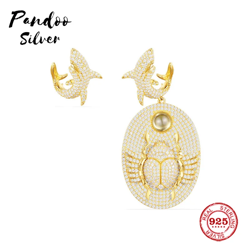 

Pandoo Fashion Charm Sterling Silver Original 1:1 Copy，Asymmetric Scarab & Shark Earrings Luxury Jewelry Gift For Female