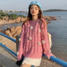 

Korean Chic Winter Sweet Girl Soft Pullover O-Neck Kawaii Three-dimensional Flowers Full Sleeve Vintage Loose Knitting Sweater