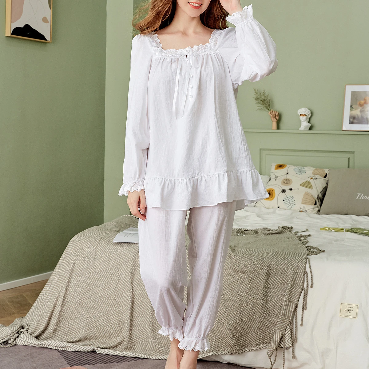 Pure Cotton Pajamas Sets Women White Vintage Lace Square