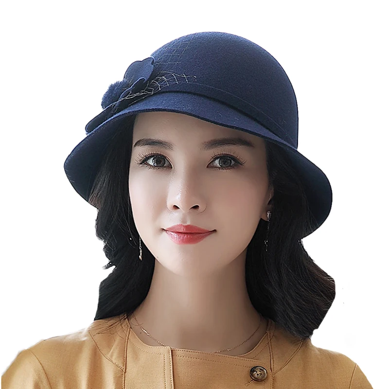FS элегантная женская теплая шерстяная Фетровая Шляпа Fedora, королевский синий цветок, Дамская черная, винно-красная шляпа с широкими полями, зимняя, Осенняя шапка - Цвет: Royal Blue