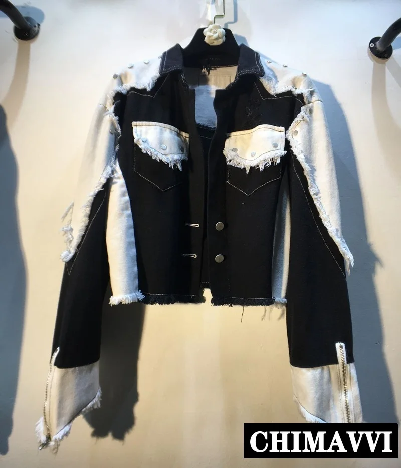 

European 2019 New Autumn Heavy Rivet Matching Colors Slim Short Jeans Jacket Women Black Jeans Jacket Outwear
