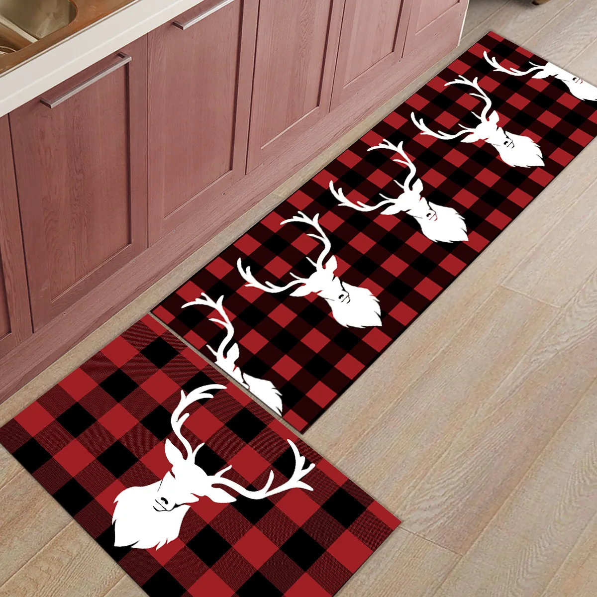2 шт. Коврики для кухни Рождество красный и черный проверить и лося стиль дверные коврики для входа в ванную комнату гостиная двери коврики дома