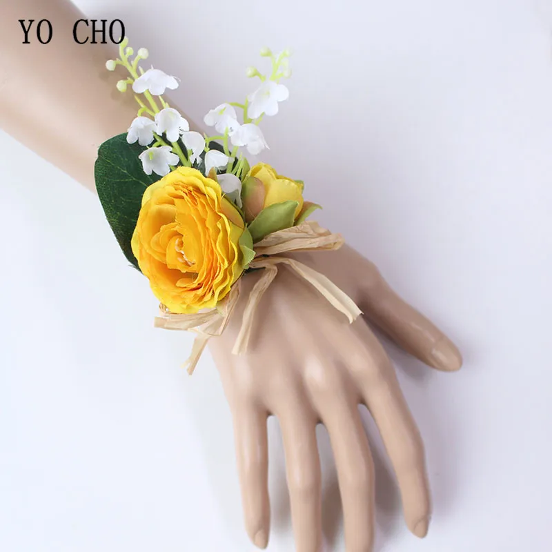Boutonniere Flowers wedding wrist corsage flowers silk roses yellow  (7)