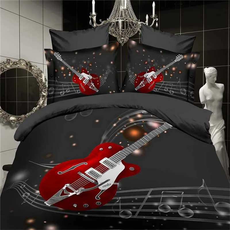 Jogo de cama 3d com estampa de guitarra, estilo imperdível, 100% poliéster, 1 capa de edredão + 1/2 fronhas, cama em uma bolsa (sem folha).