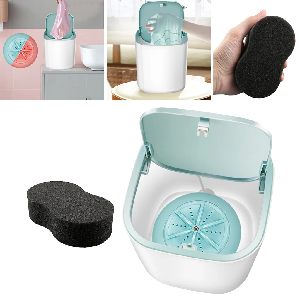 Portable Washing Machine + Sponge for Makeup Brush Pants Travel Camping Blue