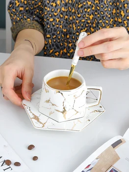 

Nordic Marble Pattern Ceramic Coffee Cup Saucer Set House-hood Breakfast Milk Office Water Mugs Food Tray Coffee Bar Supplies