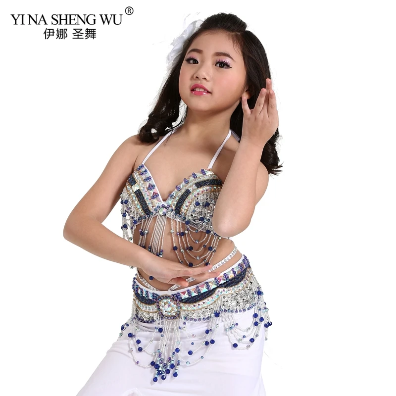 White-2pcs-Bra-Belt Детские танцевальные костюмы, комплект для девочек, Восточный танец живота, расшитый бисером, с кисточками, новая детская одежда для сцены, танцевальная одежда, комплект из 2 предметов/3 шт - Цвет: White-2pcs-Bra-Belt