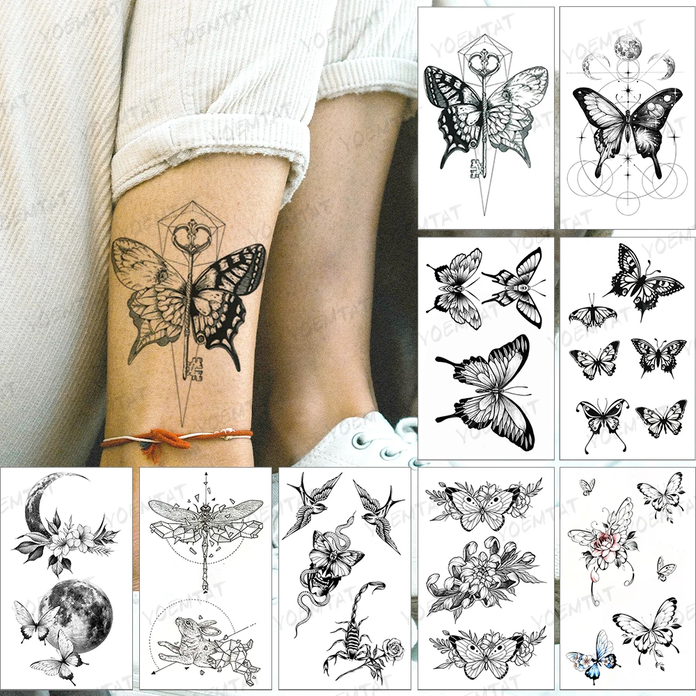 Tatouage Papillon Tête De Mort Tatouage autocollant temporaire étanche, faux tatouage, motif papillon, tête  de mort, hibou, Flash, Art corporel, pour femmes et hommes | AliExpress
