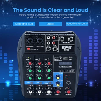 

Professional 4 Channels Audio Mixer DJ Sound Mixing Console External Sound Card for Computer Audio Interface 48V Phantom Power