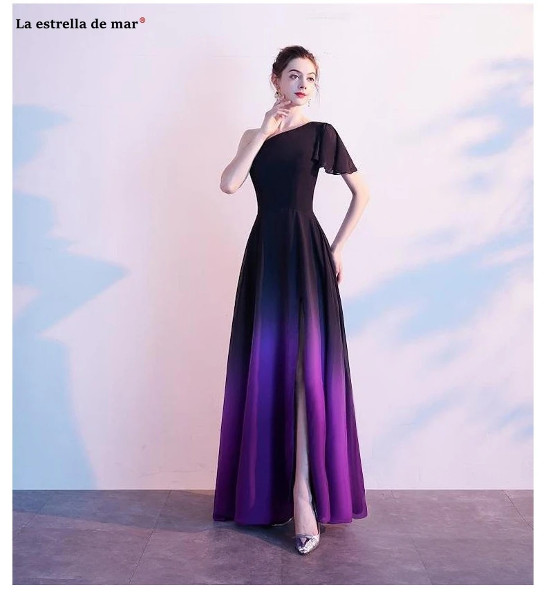 Большие размеры, Vestido madrinha, новинка, одно плечо, рукав А-силуэт, шифон, градиент, черный, фиолетовый, красный, длинные платья подружек невесты sukien
