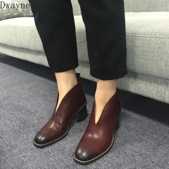 

Autumn square head with women's ankle boots high heel leather boots women's boots winter v mouth single boots