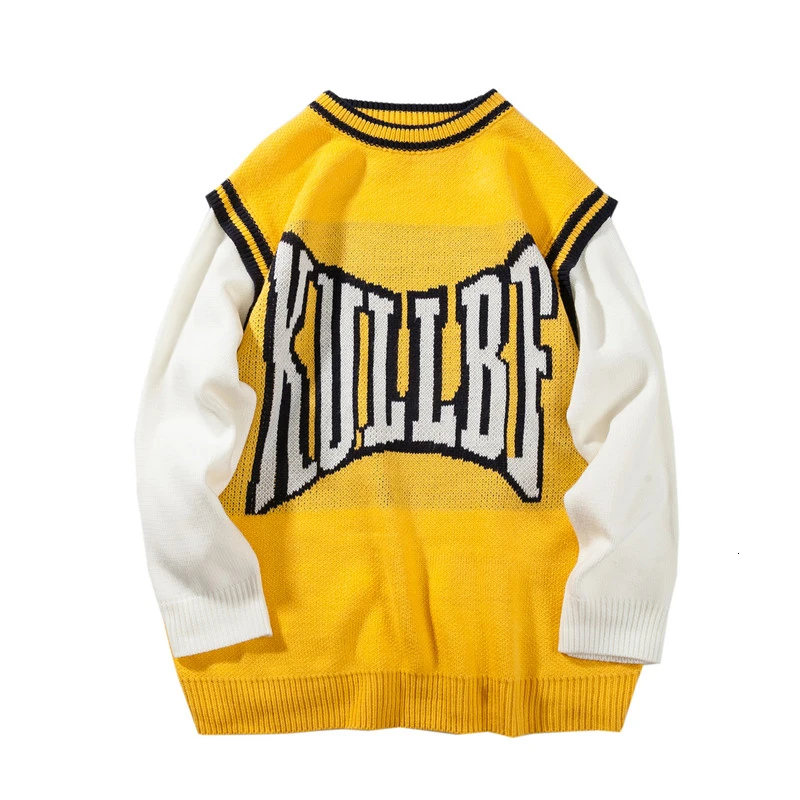 Winter Sweater Men Warm Fashion Contrast Color Letters Fake Two-piece Knit Sweater Man Wild Loose Pullover Sweter Clothes Men