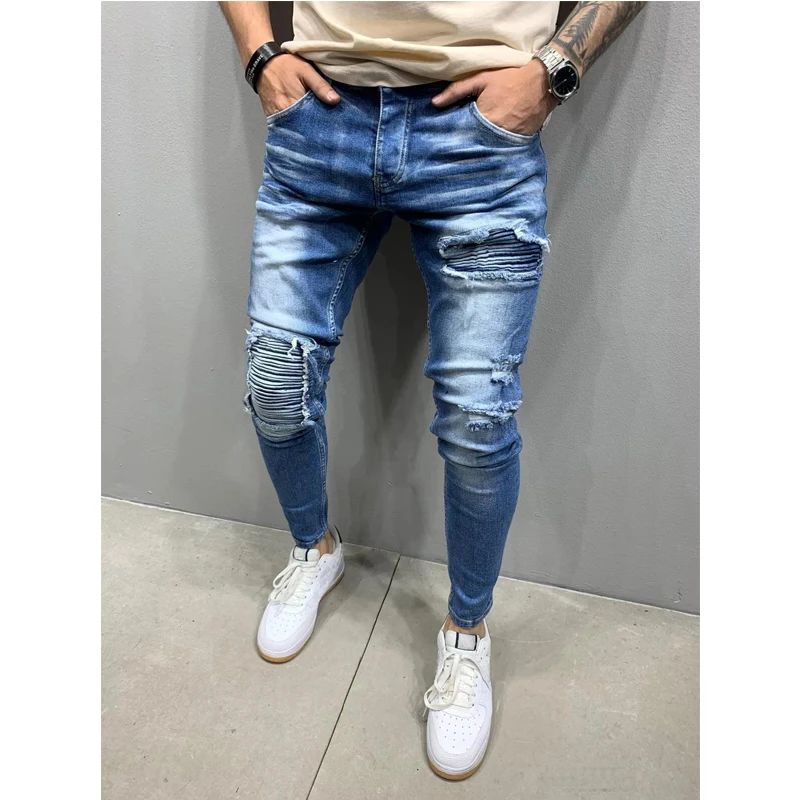 Mejores Ofertas Pantalones vaqueros rasgados para hombre, Jeans ajustados informales, de marca, para motorista, Hip Hop, oferta DolGYdVRpWX