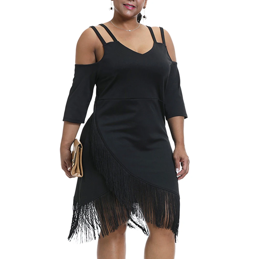 

6XL Plus Size Party Dress Sexy Hollow Out Black Dresses Asymmetrical Tassel Dress Women Elegant Bodycon Club Dress vestido D30
