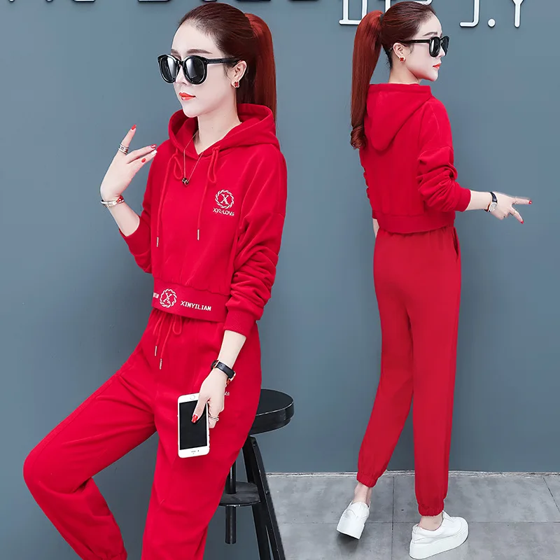 

2019 Autumn And Winter Fashion Casual Solid Color Two-Piece Set New Style Padded Pullover Short Hoodie Ankle Banded Pants Set
