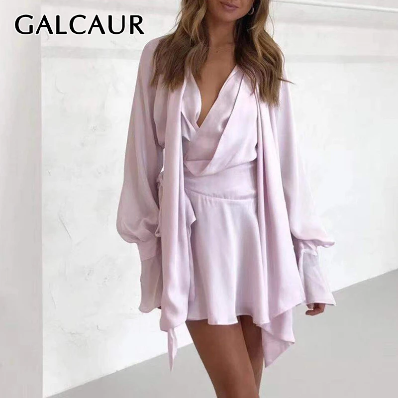 GALCAUR, корейское сексуальное платье на шнуровке, женское платье с v-образным вырезом и рукавом-фонариком, завышенная талия, Необычные Мини платья с рюшами, женская новая одежда