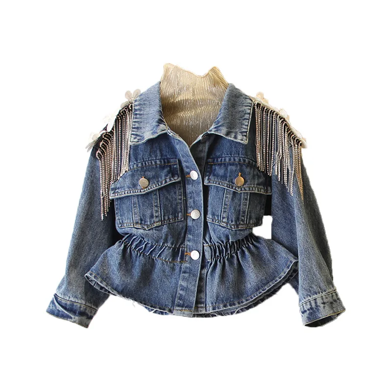 

2019 autumn and winter clothing new girl heavy work rhinestone tassel decoration waist denim jacket girls coat