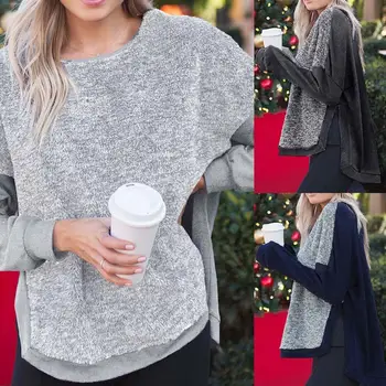 

Autumn Winter Women Plush Patchwork Side Slit Long Sleeve Pullover Sweatshirt