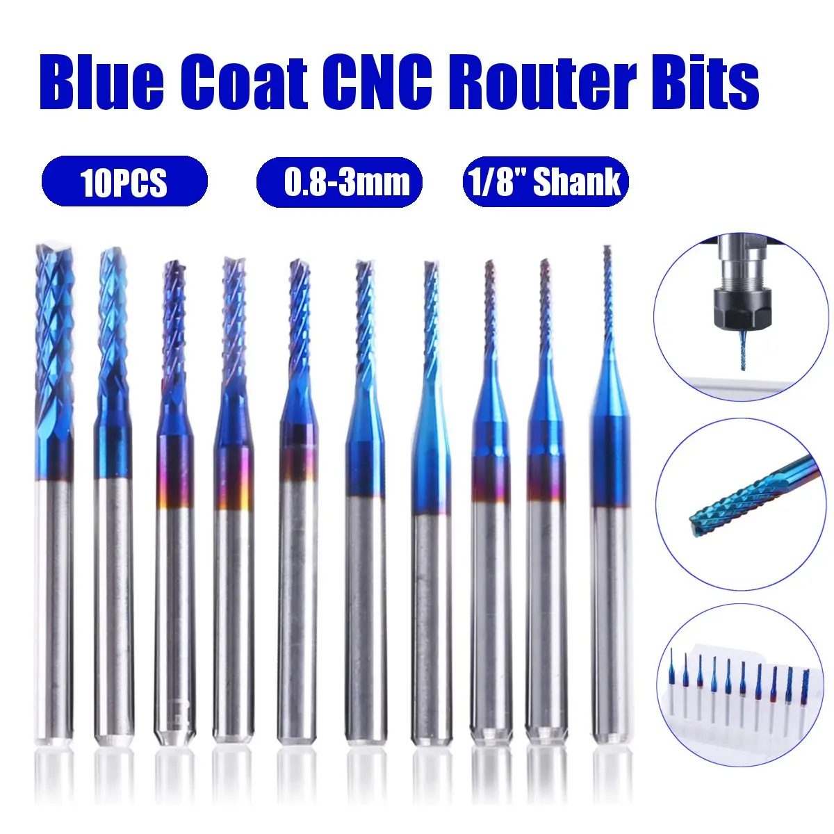 

10Pcs 0.8-3mm Blue NaCoating Engraving Milling Cutter Carbide End Mill CNC Router Bits 1/8 Inch Shank Router Bits Tool
