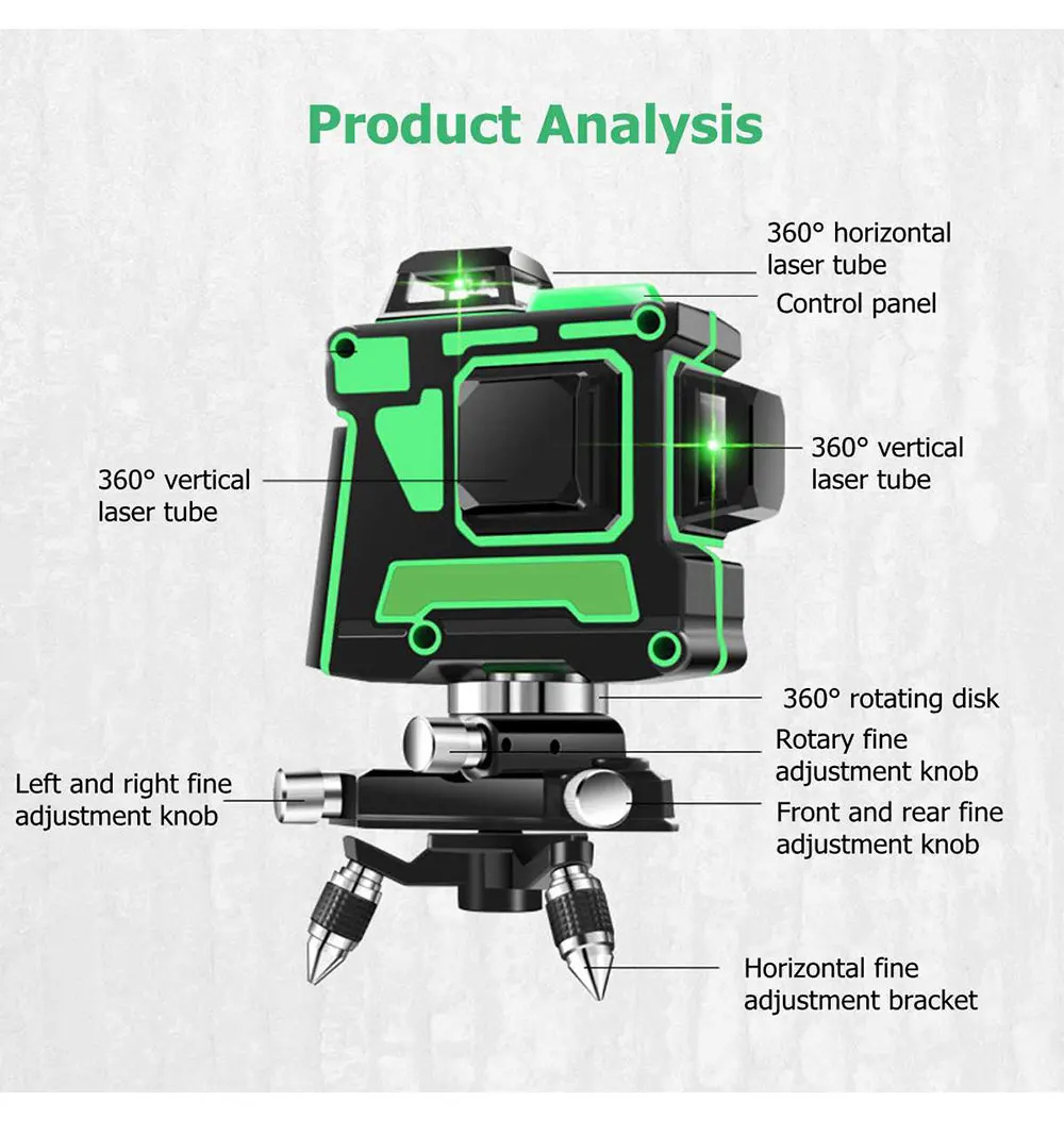 532 нм, длина волны, зеленый лазерный луч, оборудование, 12 линий, 3D, самонивелирующийся, 360 градусов, горизонтальные, вертикальные Лазерные уровни