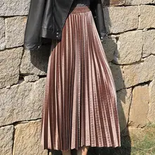 Осень Зима бархатная плиссированная юбка женская мода корейская Эластичная Высокая талия длинная юбка женская с поясом розовый черный
