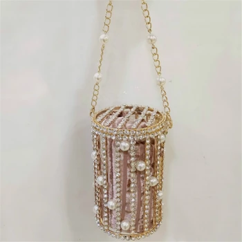 

Women Totes Cylindrical Bucket Shoulder Bags Luxury Pearl Handbag Small Metal Cage Evening Bags 2020 New Lady Crossbody Bag Gift