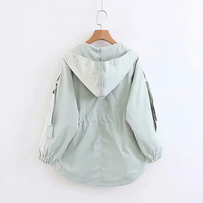 R4651-18008 Large Size Middle Long Coat Hooded Lettered Drawstring Loose-Fit Trench Coat
