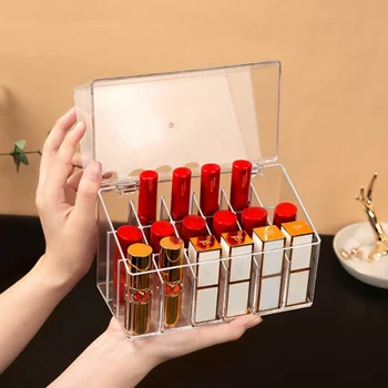 

Transparent Lipstick Storage Box 18 Grid Makeup Organizer with Cover Dustproof Compartment Plastic Box Bathroom Waterproof
