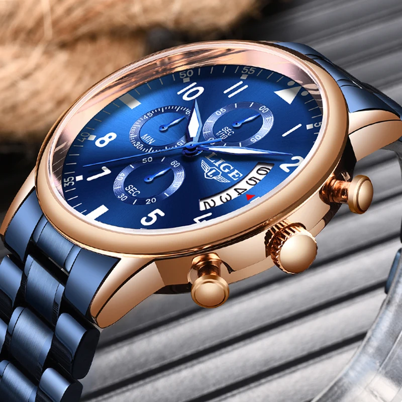 2020 LIGE New Fashion Mens Watches Top Brand Luxury Blue Stainless Steel Sports Chronograph Quartz Watch Men Relogio Masculino