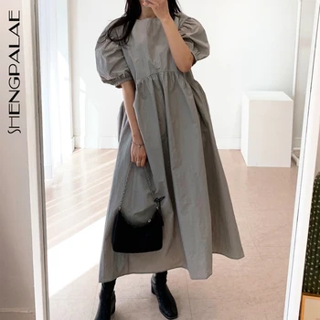 

SHENGPALAE 2020 New Summer Women Vintage Loose High Waist Slim Was Thin Elegant Round Neck Pleated Design Maxi Dress ZA4173