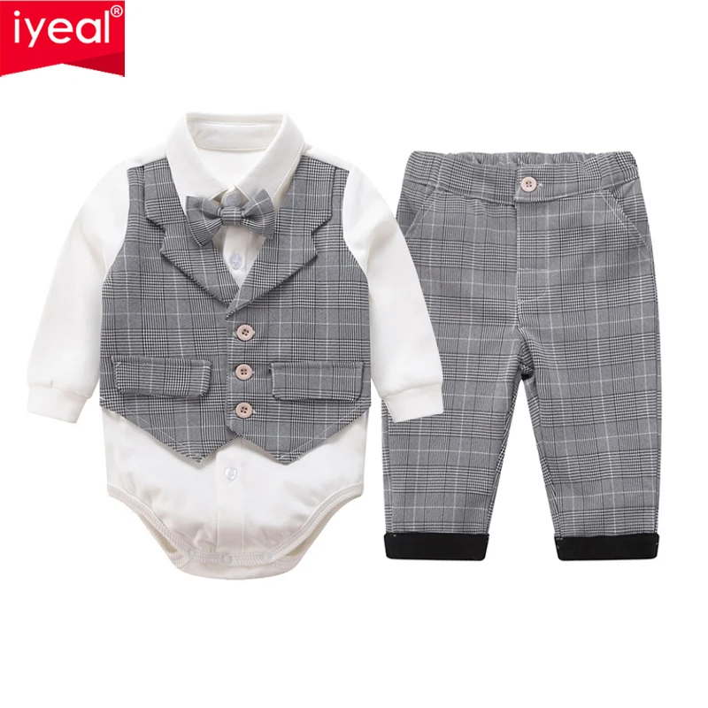 IYEAL/ Модный комплект одежды для маленьких джентльменов на свадьбу, день рождения, вечеринку для новорожденных, имитация 2 предметов, комбинезон с галстуком-бабочкой+ штаны