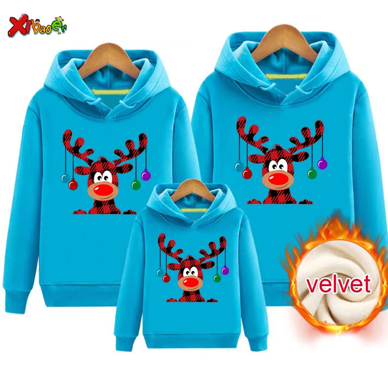 thumbnail image 5 of Sudadera con capucha para la familia, suéter navideño con ciervos, ropa de Rodolfo, sudadera cálida de invierno para niños, jersey de terciopelo, atuendo a juego para papá, 5 of 5