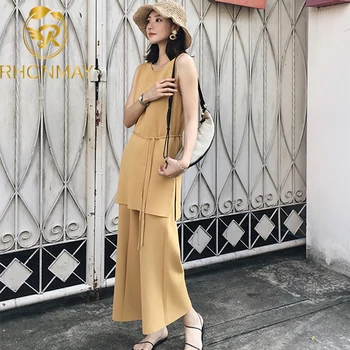 

Sleeveless Knitted 2 Piece Set Women Summer 2020 Ice Silky Tops and Wide Leg Pants Casual Work Two Pieces Set