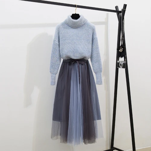 

2019 Autumn Winter Women High collar Sweater + Bow Mesh Skirt 2pcs sets Female Beautiful suits Outfit A1780