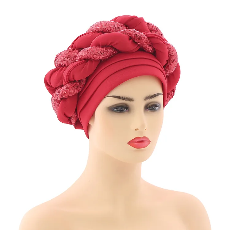 2021 Newest African Aso Oke Auto Gele Headtie Ready to Wear Braid Hijab Bonnet Glitter Squins Female Head-Wrap Turban Cap african robe Africa Clothing