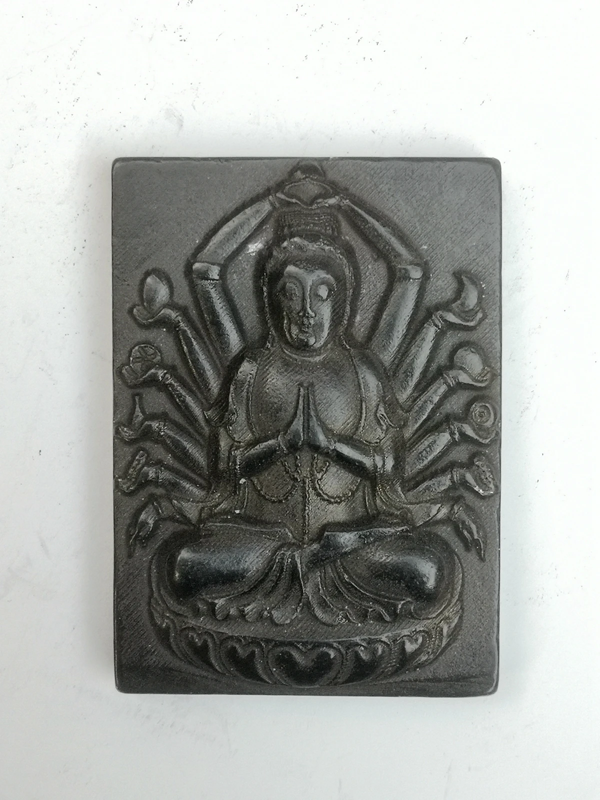 

YIZHU CULTUER ART Collection Old China Hongshan Culture Black Magnet Jade Avalokitesvara Statue Amulet Pendant Ornament