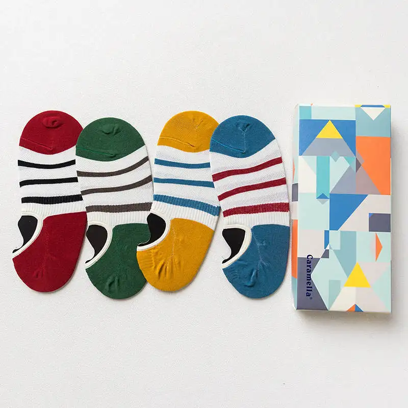 Caramella/комплект в подарочной коробке, мужские носки, 4 пары, хлопковые мужские носки, летние невидимые носки для мальчиков, короткие носки С Разноцветными полосками - Цвет: 53704