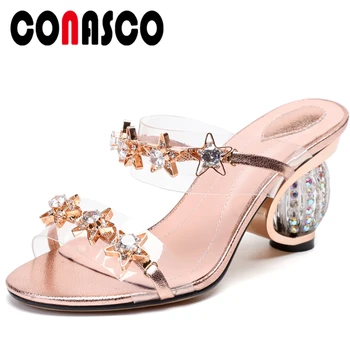 

CONASCO New Summer Fashion Genuine Leather Women Sandals Slippers Pumps High Heels Rhinestone Star Decoration Casual Shoes Woman