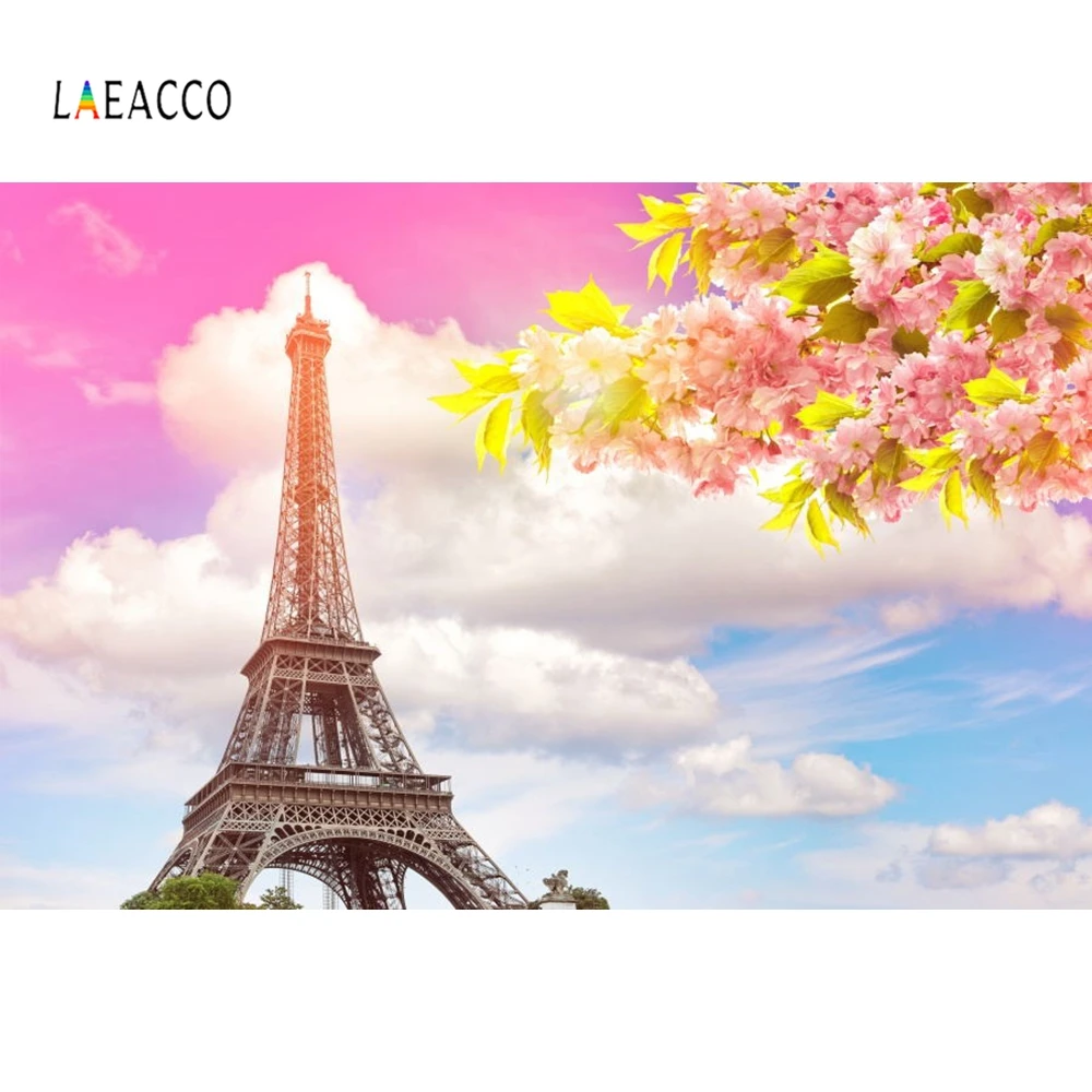 

Laeacco France Eiffel Tower Blue Sky Cloud Blooming Flower Photography Backdrops Photographic Background Photophone Photo Studio