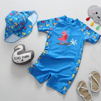 

New 2020 Boys Swimsuit Dinosaur One Piece Children's Swimwear Boys Swimwear One Piece Bathing Suit With Hat HX-1871