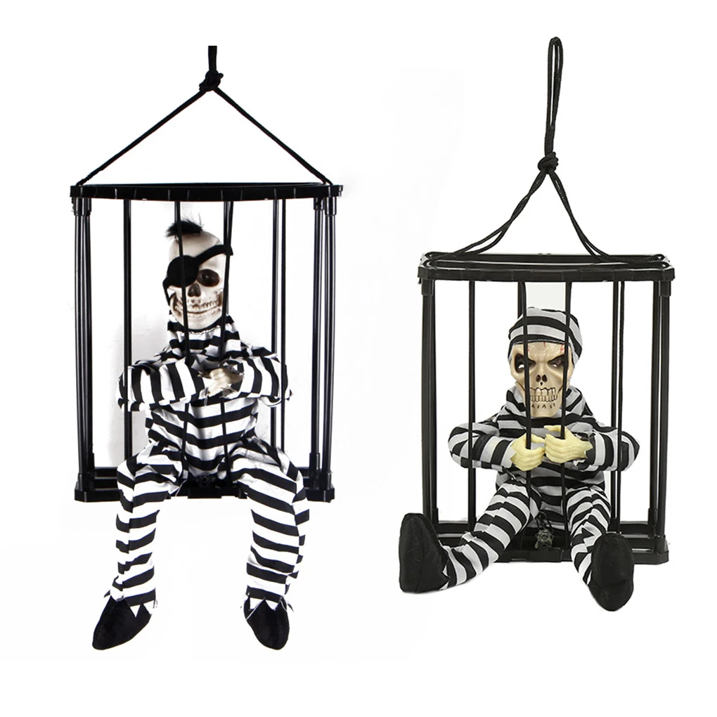 

2019 Horror Ghost Doll Halloween Decorations Hanging Cage Skeleton Skull Motion Activated Scary Spooky Halloween Prop Ghost Doll