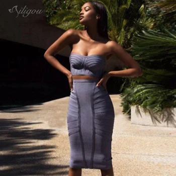 

Ailigou 2019 Fall Women 2 Two Bandage Set Skirt Celebrity Party Sexy Bodycon Off Shoulder Backless Knee Skirt Vestidos