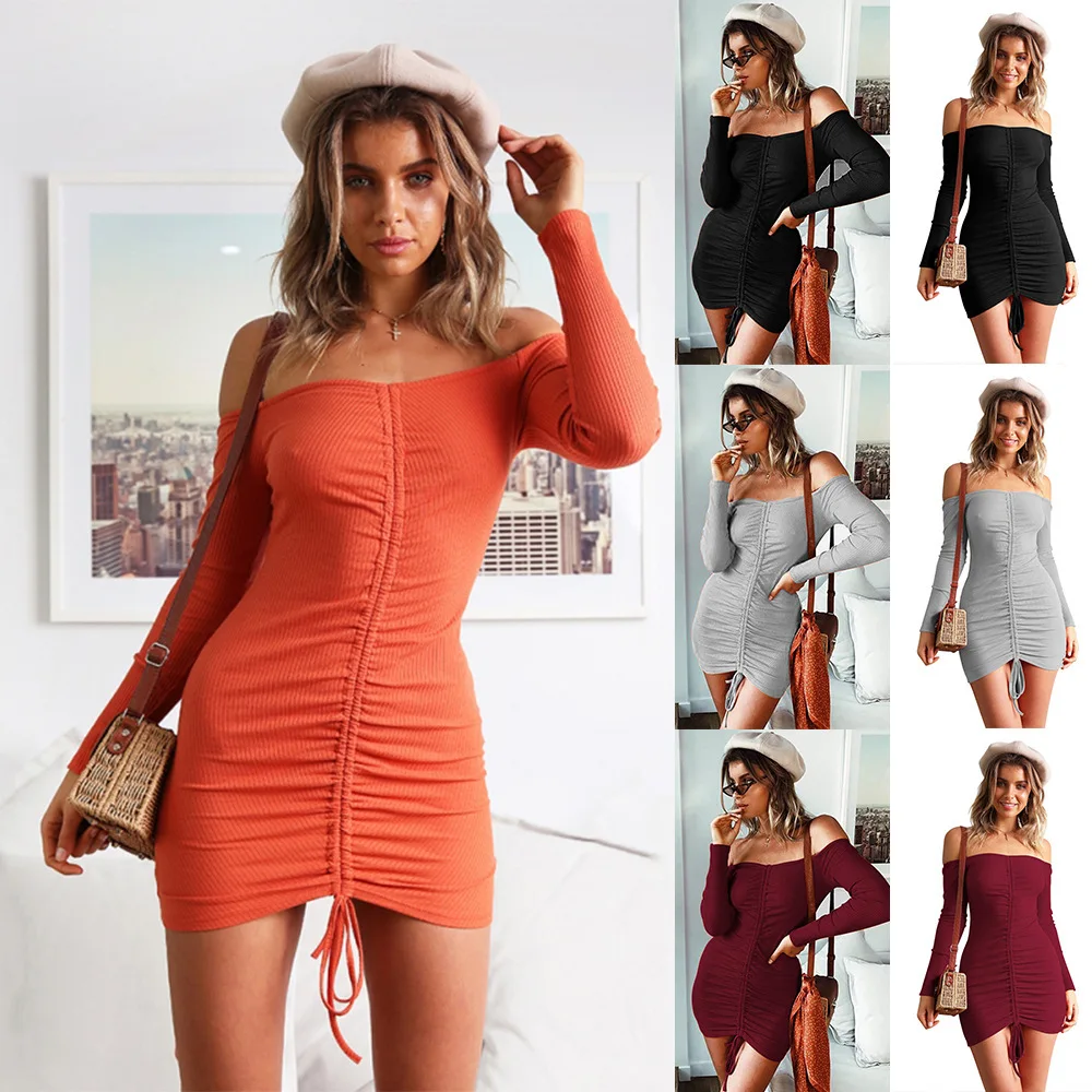 

GUMNHU 2019 Autumn Sexy Mini Dress Off The Shoulder Bodycon Slash Neck Vintage Short Dresses Elegant Casual Vestidos Plus Size