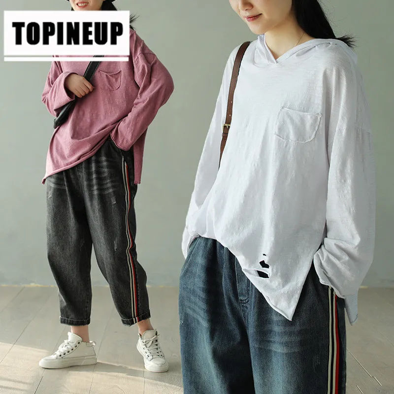 

2020 Women's Casual Solid color Wild hooded long sleeve loose-fitting bottom Thin section top female T-shirt