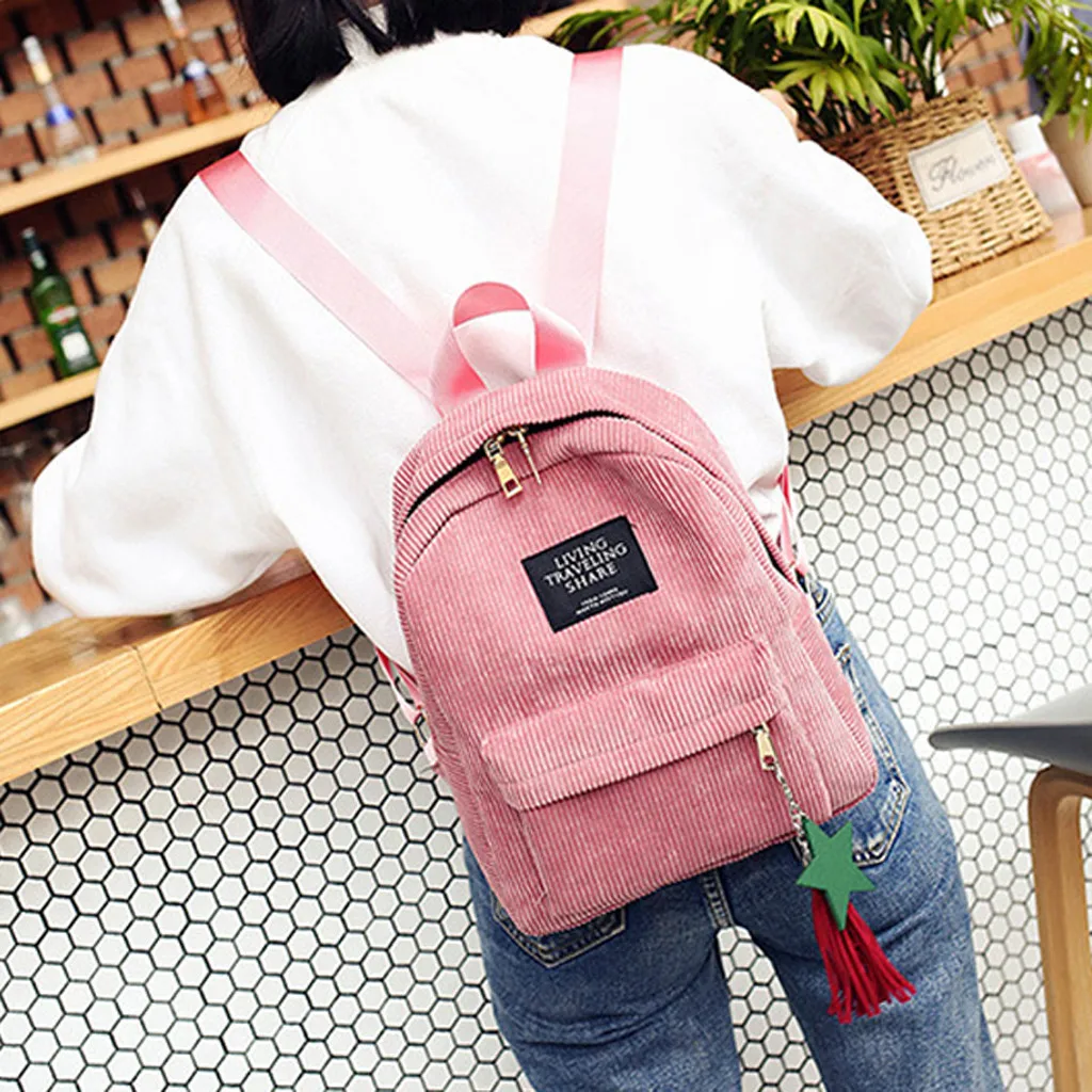  Fashion Corduroy Backpack Style Soft Fabric Female Pure Colour Student Bag School Vintage Women Str - 4000116021359