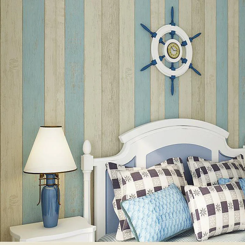 

Wallpapers Decoration Blue Stripe Wallpaper Roll Wood Wallpaper Striped Mediterranean Style Wall Paper For Walls Papier Peint