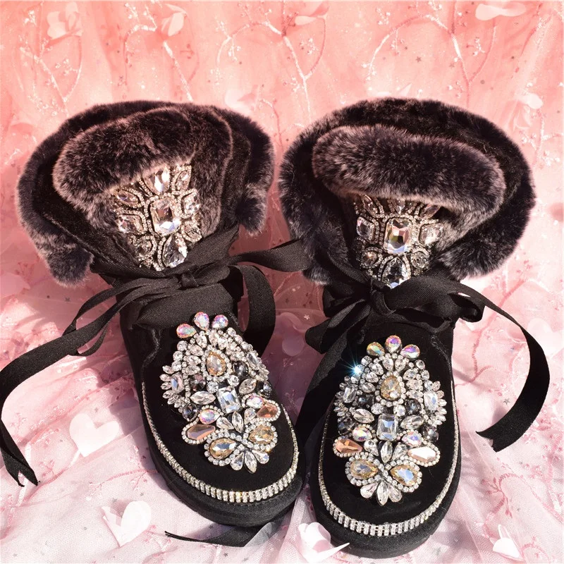 

2019 Winter Shoes Woman Warm Plush Boots Bling Rhinestones Rabbit Fur Snow Boots Waterproof Non-Slip Winter Boots Botas Mujer