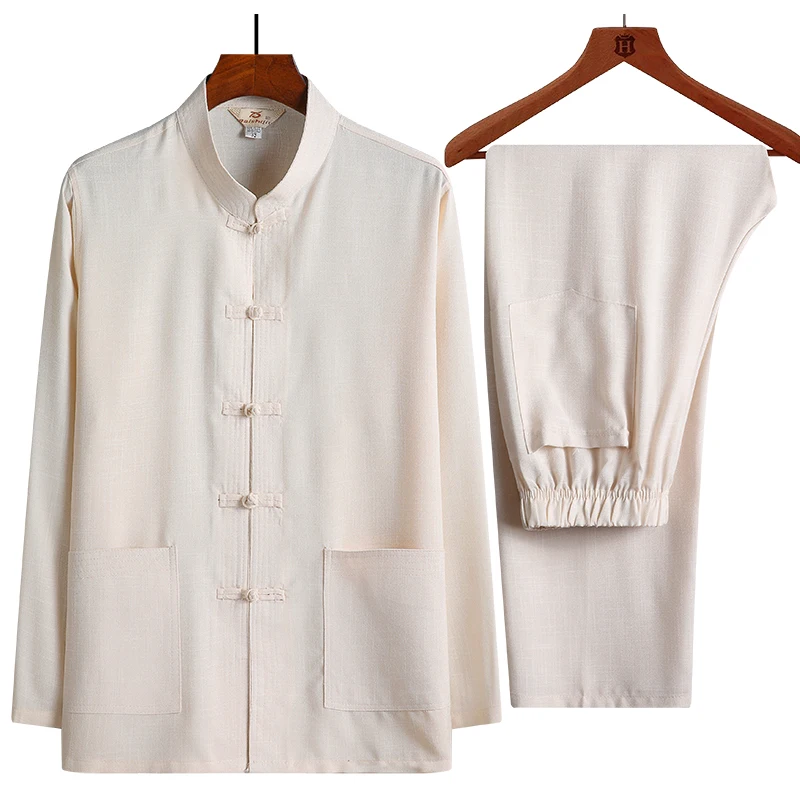

Новинка, Винтажный Мужской Повседневный костюм Тан из хлопка и льна с длинным рукавом, однотонный костюм в китайском стиле кунг-фу тайчи, костюм на пуговицах